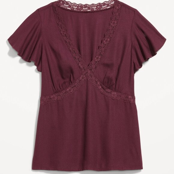 (NWT) Old Navy - burgundy lace-trim v-neck crepe top (large) - Picture 4 of 5